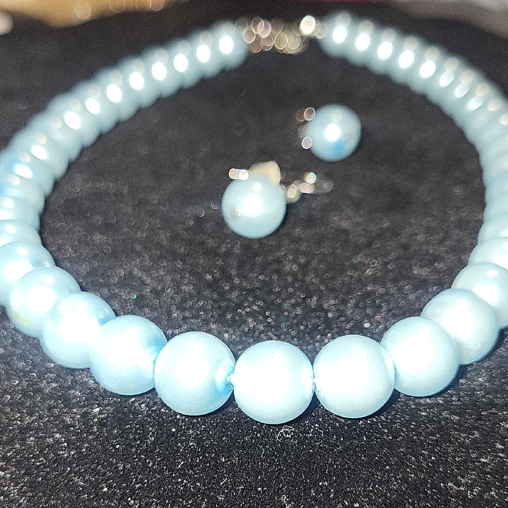 Elegant Blue Fasion Pearl Necklace and Earring Set